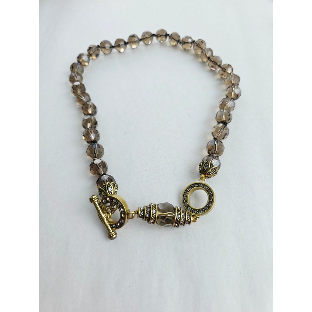 Heidi Daus Smoky Brown Swarovski Crystal Toggle Necklace Bronze Vintage Style